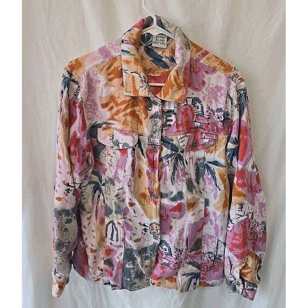 Parsley & Sage Button-Up Jacket Palm Trees/buildings Design Throughout Sz‎ XL